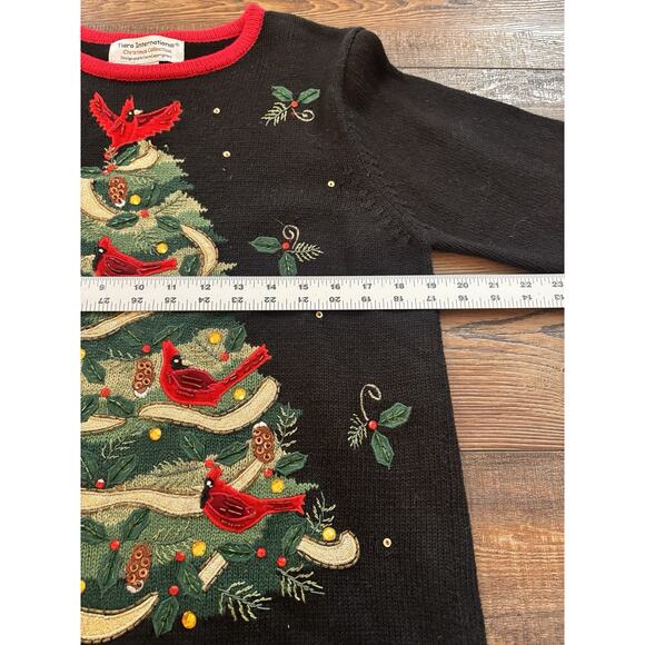 Tiara International Christmas Sweater Black Red Birds Cardinal Medium Holiday - Picture 3 of 6